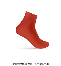 Calcetín elástico rojo en blanco sobre mofa invisible de pie, ilustración vectorial realista aislada en fondo blanco. plantilla 3D de la vista lateral del calzado textil de calcetín.
