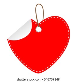 Red Blank Love Shape Tag with Curl Effect, Isolated on White
