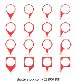 Red blank map pin sign location icon with circular copy space and gray shadow, reflection on white background  in simple flat style. Web design element save in vector illustration 8 eps