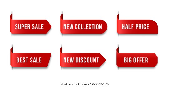 Red blank price label. Ribbons and sale banners set. 3d matted icon with transparent shadow.