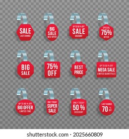 Red blank price label. Ribbons and sale banners set. 3d matted icon with transparent shadow.
