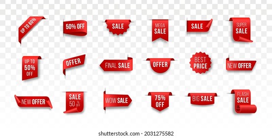 Red blank price label. Ribbons and sale banners set. 3d matted icon with transparent shadow.