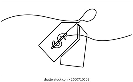 Red blank prize tag continuous one line drawing. Sale label, one line art, continuous contour drawing, hand-drawn discount tag, minimalist design.