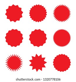 Red blank promo stickers set. Starburst, graphic, sunburst, shine, stamp, decoration, sunshine, glitter symbol. Hipster Style badges. Vector design element great for retro style projects.