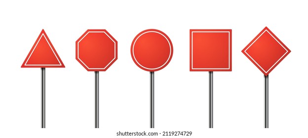Red blank road sign isolated set. Direction traffic signs boards on metal stand vector collection