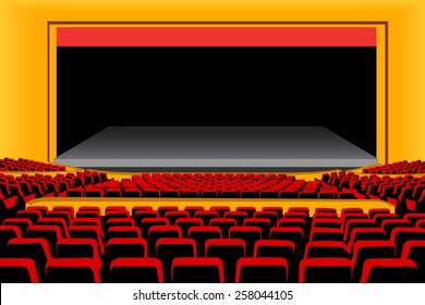 red blank seats in the theater with stage