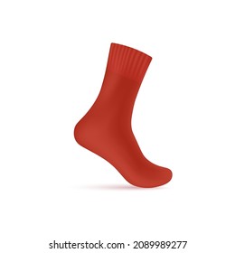 Red blank sock of quarter length mockup, 3d realistic vector illustration isolated on white background. Elastic sock or wool sporty stocking on invisible leg template.