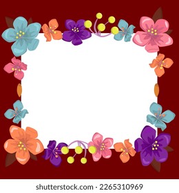 Red Blank Square Frame Decorated With Colorful Flowers And Foliage Arranged Harmoniously. Empty Poster Border Surrounded By Multicolored Bouquet Organized Pleasantly.