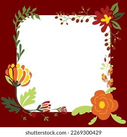 Red Blank Square Frame Decorated With Colorful Flowers And Foliage Arranged Harmoniously. Empty Poster Border Surrounded By Multicolored Bouquet Organized Pleasantly.