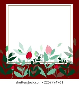 Red Blank Square Frame Decorated With Colorful Flowers And Foliage Arranged Harmoniously. Empty Poster Border Surrounded By Multicolored Bouquet Organized Pleasantly.