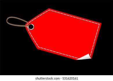 Red Blank Tag, stitching effect isolated on white with curl effect, at black Background
