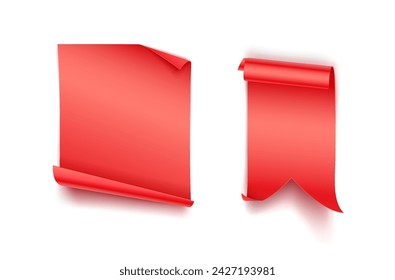 Red blank tags realistic vector illustration set. Business advertising banners 3d models on white background. Rectangular and ribbon templates