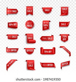 Red blank tape banner for advertising promotion, sale text, heading, title decoration, badge, emblem, frame.