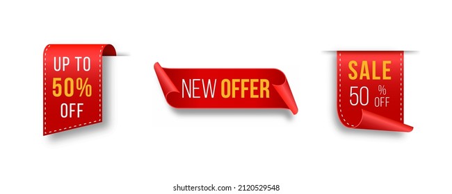 Red blank tape banner for advertising promotion, sale text, heading, title decoration, badge, emblem, frame.
