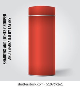 Red Blank Tin can packaging mockup. Tea, coffee, dry products, gift box. Place your design over the box.