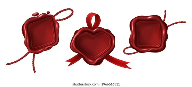 Red blank wax stamps different geometric shapes with rope and ribbon. Vintage seals for letter, guarantee documents, certificate. Retro postal label, royal insignia. Realistic set on white background.