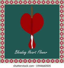 flor cardíaca roja sangrante con pistilo blanco y marco de flor púrpura sobre fondo oscuro
