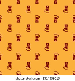 Red Blender icon isolated seamless pattern on brown background. Kitchen electric stationary blender with bowl. Cooking smoothies, cocktail or juice. Flat design. Vector Illustration