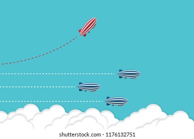 Red blimp changing direction and white ones. New idea, change, trend, courage, creative solution, innovation and unique way concept.