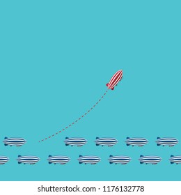 Red blimp changing direction and white ones. New idea, change, trend, courage, creative solution, innovation and unique way concept.