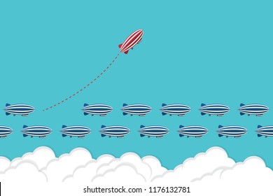 Red blimp changing direction and white ones. New idea, change, trend, courage, creative solution, innovation and unique way concept.