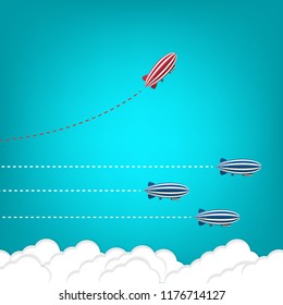 Red blimp changing direction and white ones. New idea, change, trend, courage, creative solution, innovation and unique way concept.