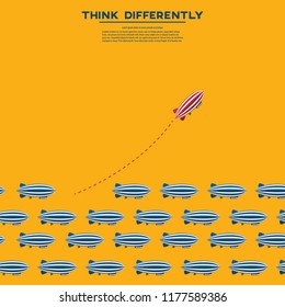 Red blimp changing direction and white ones. New idea, change, trend, courage, creative solution, innovation and unique way concept.