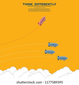 Red blimp changing direction and white ones. New idea, change, trend, courage, creative solution, innovation and unique way concept.