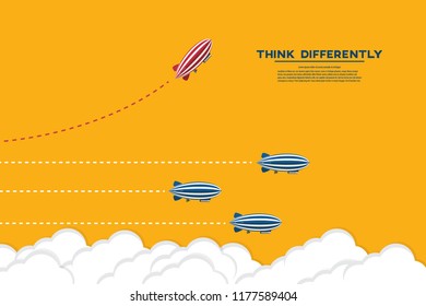 Red blimp changing direction and white ones. New idea, change, trend, courage, creative solution, innovation and unique way concept.