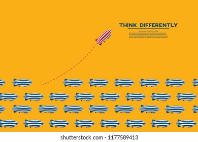 Red blimp changing direction and white ones. New idea, change, trend, courage, creative solution, innovation and unique way concept.
