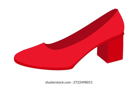 Mulheres de sapato de bomba de calcanhar do bloco vermelho planas. Sapato de vestido de dedo fechado para festa, celebração, look de evento, guarda-roupa cápsula. Ilustração de moda técnica, maquete CAD, homens vetor liso estilo isolado unisex.