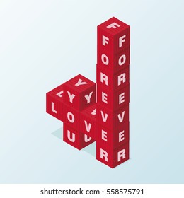 Red block word LOVE YOU FOREVER vector isometric