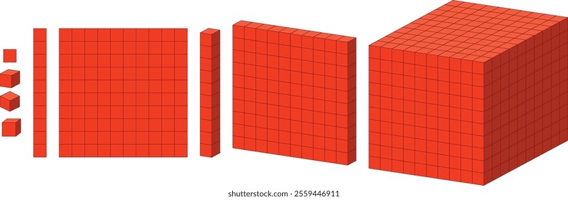 Red blocks illustrating mathematical concepts and dimensions