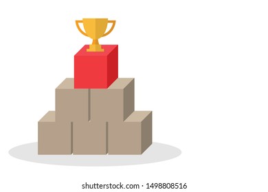 Red blocks top into steps concept. Ladder of success and trophies on the top. Business grows with trophies. Vector illustration in flat design. Copy-space for text.