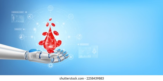 Los glóbulos rojos flotan en la mano del robot. Tecnología de robótica cibernética médica futurista. Robot de inteligencia artificial de innovación ayuda a la salud de la atención. Con espacio de copia para texto. Vector 3D.