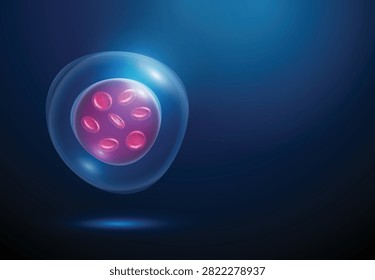 Red blood cells inside stem cell. Hematology, cell reprogramming, induced pluripotent stem cells, cellular dedifferentiation, cellular therapy, biotechnology concept. Digital futuristic style. Vector.