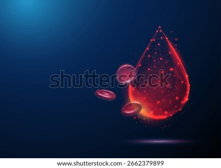 Red blood cells next to blood drop. Erythrocyte analysis, blood sample, hematology analysis, medical diagnostics, blood testing, health monitoring concept. Low poly digital wireframe style. Vector.