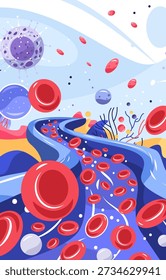 Red blood cells virus bacteria bloodstream infection anatomy flowing microscopic medical diagram colorful abstract background