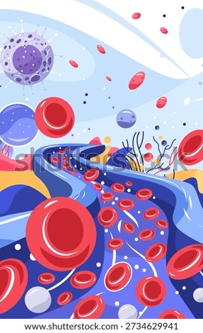 Red blood cells virus bacteria bloodstream infection anatomy flowing microscopic medical diagram colorful abstract background