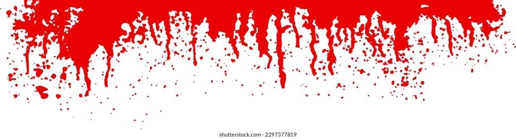 Borde de goteo de sangre roja sobre fondo blanco. Pintura de escarlata, vino o salsa salpicada en la pared. Textura de salpicador acuarela. Ilustración del vector abstracto. Tinta líquida rala. Patrón de grifo de horror
