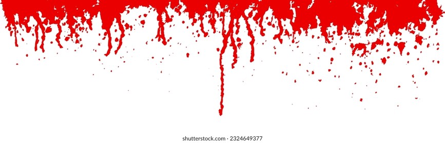 Borde superior del goteo de sangre roja sobre fondo blanco. Pintura de escarlata, vino o salsa salpicada en la pared. Textura de salpicador acuarela. Ilustración del vector abstracto. Tinta líquida rala. Patrón de grifo de horror