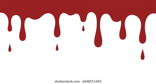 Rotes Blut tropft nach unten, einzeln auf weißem Hintergrund, wodurch ein unheimlicher Effekt entsteht