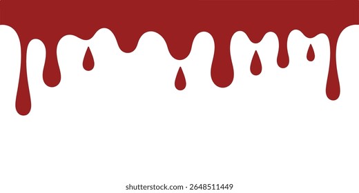 Rotes Blut tropft nach unten, einzeln auf weißem Hintergrund, wodurch ein unheimlicher Effekt entsteht