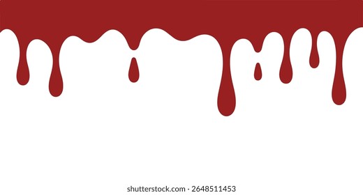 Rotes Blut tropft nach unten, einzeln auf weißem Hintergrund, wodurch ein unheimlicher Effekt entsteht