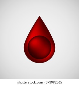 Red blood drop, bubble badge, realistic icon template with reflex, realistic reflex and light background for logo, design concepts, banners, applications, apps, presentations. Vector illustration.