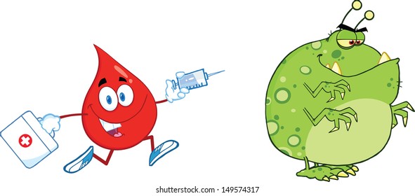 Red Blood Drop Character Chasing With A Syringe Germ Or Virus
