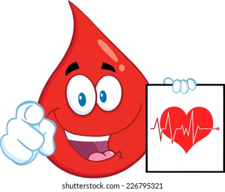 Red Blood Drop Character Pointing With Finger And Presenting Ecg Graph On Red Heart. Vector Illustration Isolated On White Background