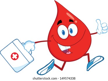 Red Blood Drop Character Running With A Medicine Bag