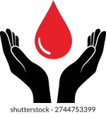Red blood drop falling into cupped black hands silhouette. Concept for blood donation, healthcare, and saving lives.