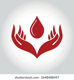 Red blood drop in hand isolated on light Gray ingradient background. blood donation logo, vector design